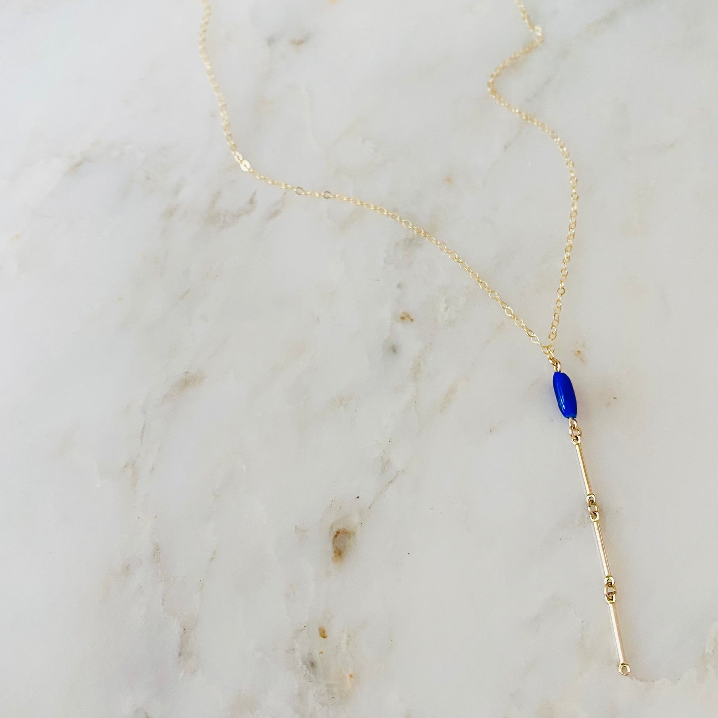 Vintage Blue Glass Y Necklace